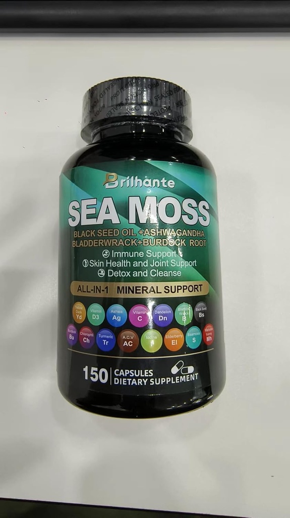 Sea Moss 27,850mg Ashwagandha 1000mg Black Seed Oil 4000mg Ashwagandha Supplements Witamina C & D3 z Bladderwrack, Ginger, Burdock Root dla układu immunologicznego 145 Kapsułki