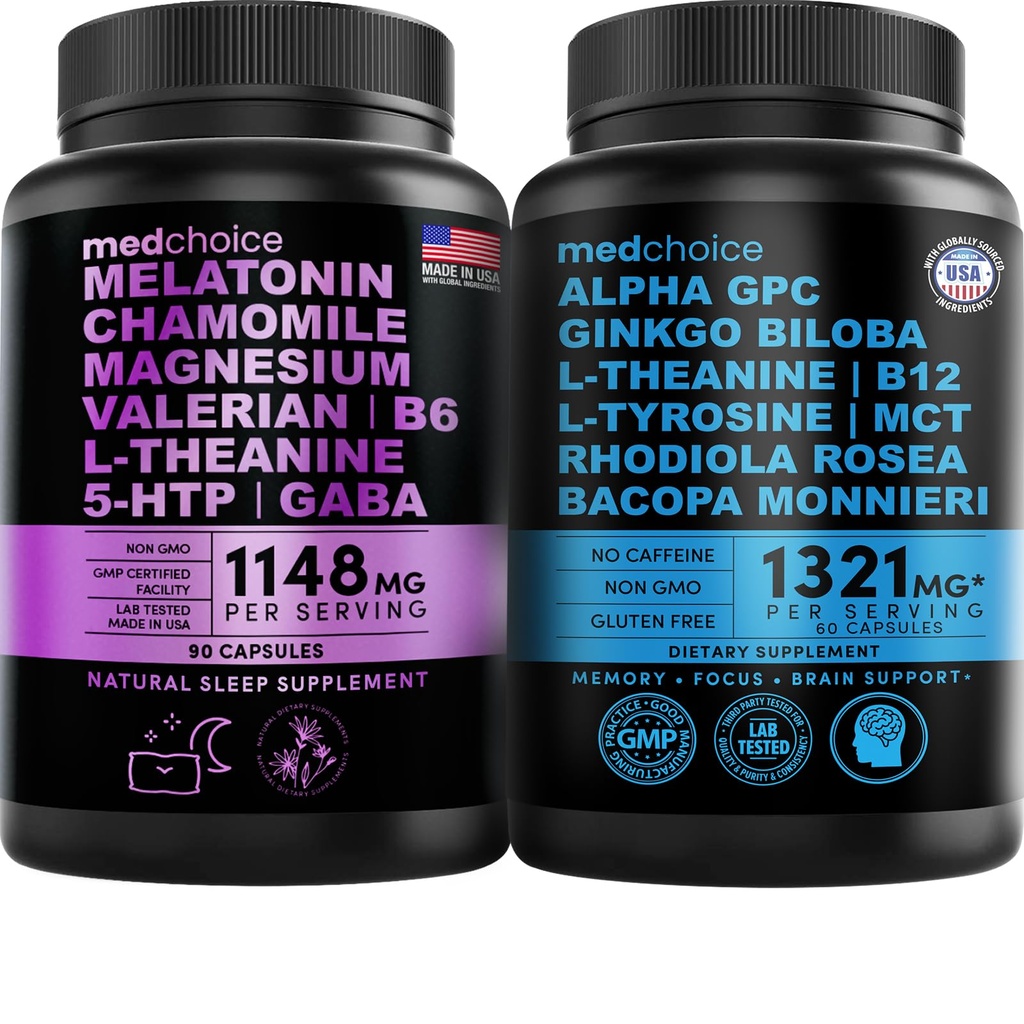 MEDCHOICE Melatonina senna (90ct) i mózg nootropowy (60ct) Suplement Bundle - Wellness Duo for Sleep, Mózg, Focus, & Mood Support - Wegan, Non-GMO, Gluten- Free