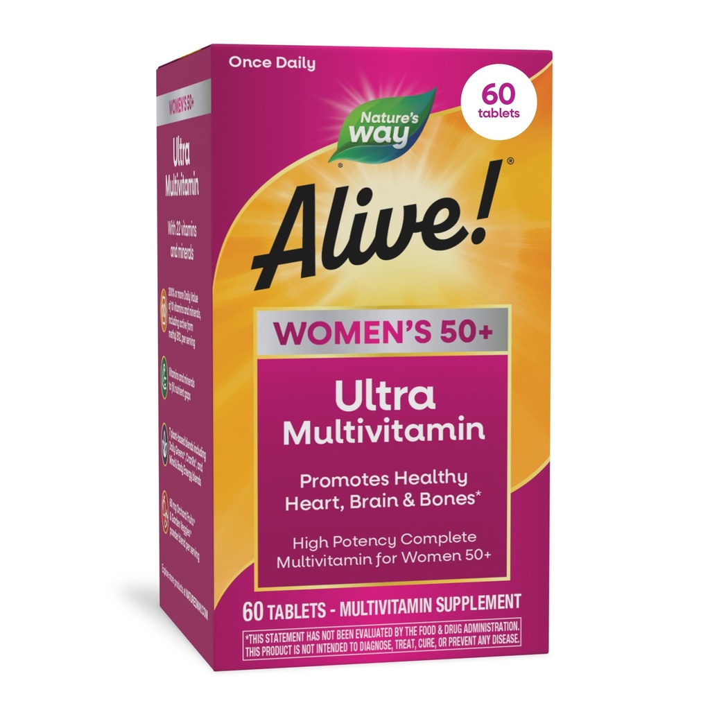 Nature 's Way Alive! Witaminy dla kobiet 50 Plus, Kompletna Multivitamina, Formuła o dużej mocy, Metylowane B12, Bezglutenowe, 60 Tabletki