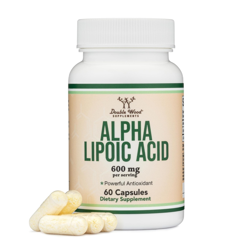 Alpha Lipoic Acid 600mg per Serving, 60 Kapsułek (Trial Party Tested, Non-GMO, Gluten Free, Vegan Safe) Pothent Antioksydant for Neuropathy and Cardiovical Health (Suplement ALA) by Double Wood