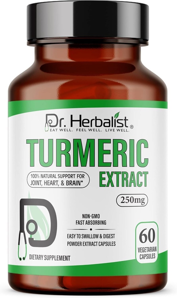 Dr HERBALISTA Kurkumina Kurkumina Ekstrakt 250mg - 60 Kapsułek Wegańskich 124; 10: 1 Ekstrakt = 2500 mg Surowych Kurkuminoidów 124; Znormalizowane dla Kurkuminoidów Biodostępnych 124; Naturalne wsparcie oparte na Plancie