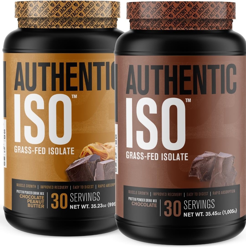 Jacked Factory Autentic ISO Grass Fed Whey Protein Isolate Powder - Niskie węglowodany, Non-GMO Muscle Building Protein w / No Fillers (Czekoladowy masło orzechowe, 30sv) & (Czekolada, 30sv)