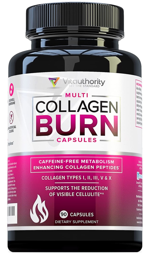Multi Colagen Burn: wielowarstwowe hydrolizowane peptydy białkowe z kwasem hialuronowym, witaminą C, Dimplessem RibB, Typami I, II, III, V i X, Kapsułki bez kafejek