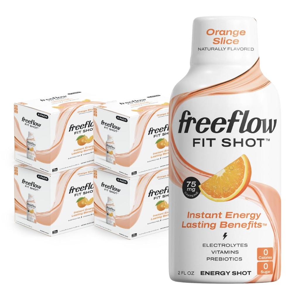 Freeflow Fit Energy Shots, Orange Slice, Natural Cafeline Boost z L-theanine, Ginseng, Witaminy, Prebiotyki, Elektrolity (24 Count, 2oz Shots)