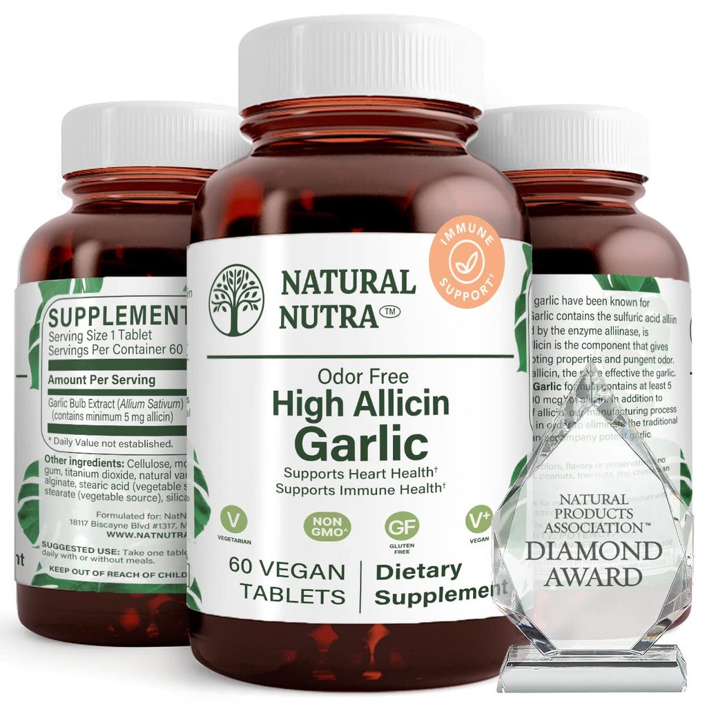 Natural Nutra Wysoka allicyna suplement czosnku, Wspiera system immunologiczny, Poprawa zdrowia serca, Poprawa zdrowia enzymów, Lepsze trawienie, Walki zimno i grypa, Wanilia Powłoka, 500mg, 60 Wegańskie tabletki