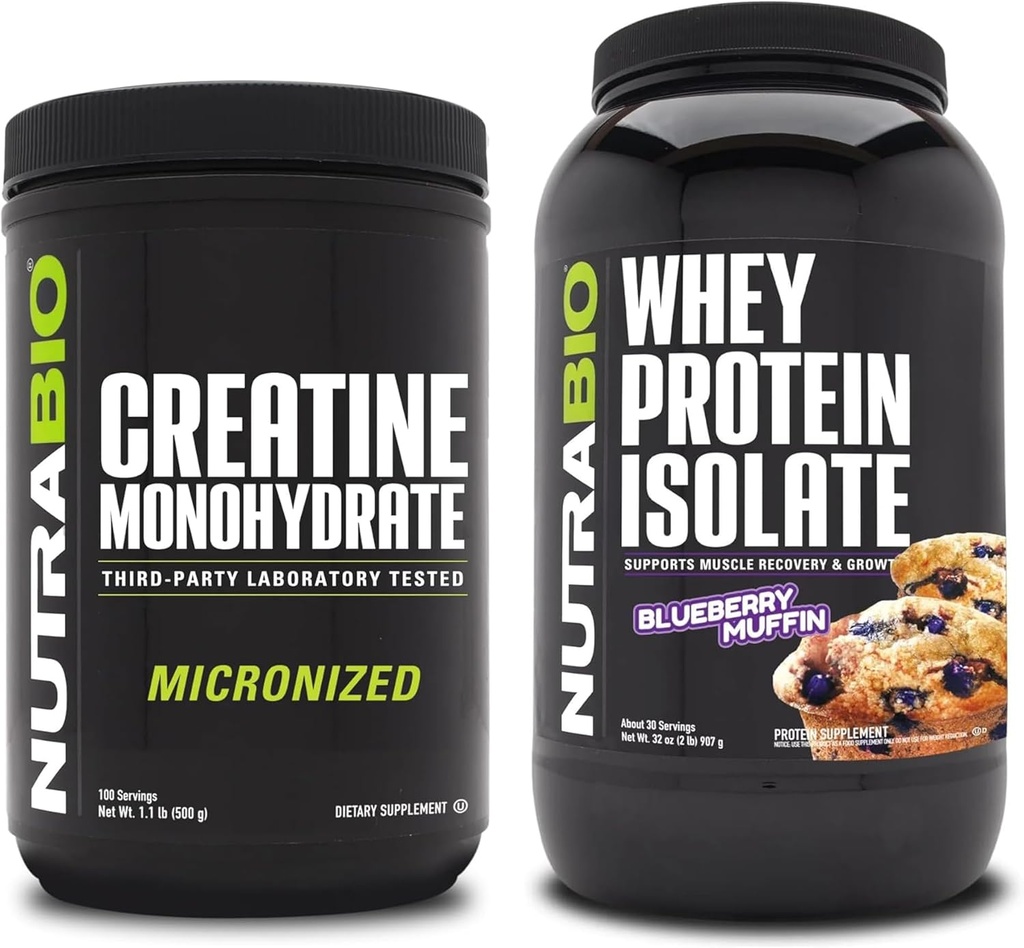 Monohydrat NutraBio Creatine, izolat nieflaworyczny, 500 g i białko serwatki, muffinka z jagodami, suplement Bundle - Energia mięśniowa, Lean Muscle Growth, Odzysk i Siła