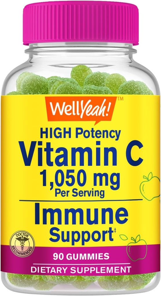 WellYeah Witamina C 1050 mg Gummies - Naturalne aromaty sourced - Immune Support Dietary Supplement, Wsparcie przeciwutleniające - Dodatkowa siła Gummy wegetariańskie, Non-GMO, Gluten Free - 30 Służenia