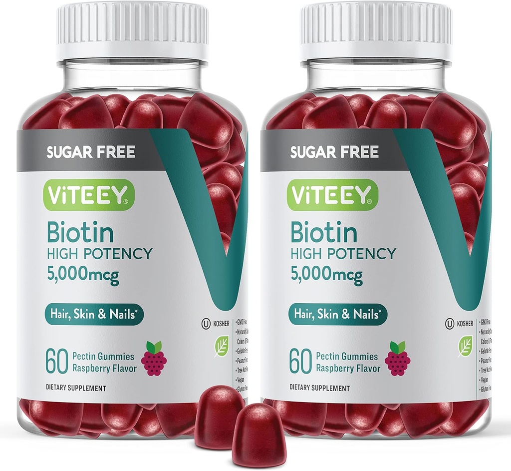 VITEEY Gumiaki biotin do włosów, skóry i paznokci 5,000 mcg - Cukier wolny - Gumiaki wzrostu włosów, Zdrowy połysk skóry, Silny zdrowy wzrost paznokci - Wegan, Gluten wolny, Żelatyna Free- Chewable Malina Flavor