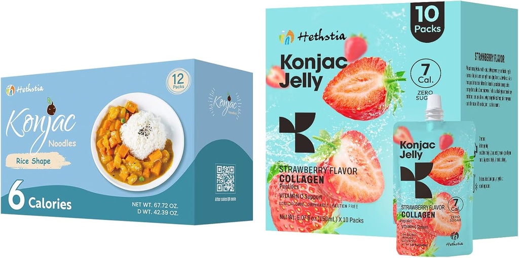 Hethstia Konjac galaretka truskawka Flavor z Colagen Peptides 10 Pakiety i Konjac Rice gluten Free 12 Pakiety niskokaloryczne, Keto, Cukier wolny, Zdrowa żywność