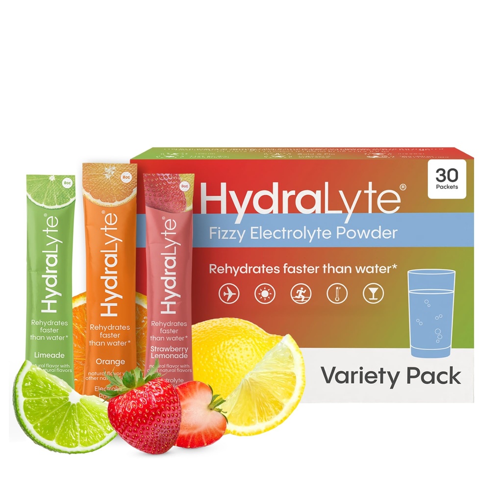 Hydralyte Low Sugar Rapid Rehydration - Lekko musujące pakiety proszku elektrolitu, 8 oz Serve Agregat 124; Variety Hydration Pakiety do nawadniania 124; Hydration for Heat, Travel, Ćwiczenia i Bachelorette Party (30 Count)