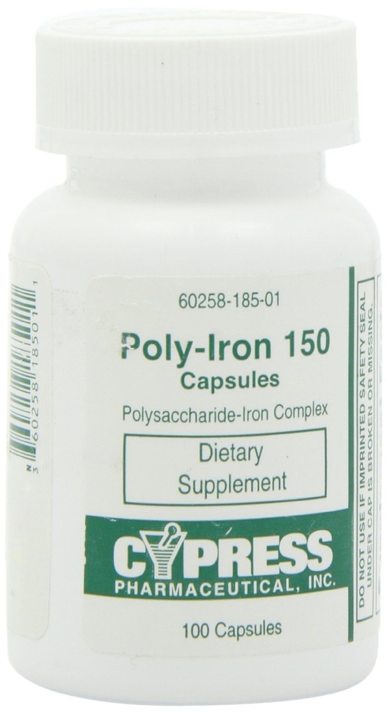Suplement diety - Kapsułki Poly Iron 150 mg (100 kapsli na butelkę) przez Cypress Pharmaceutical # 185- 01 (2 butelki po 100 kapsli)