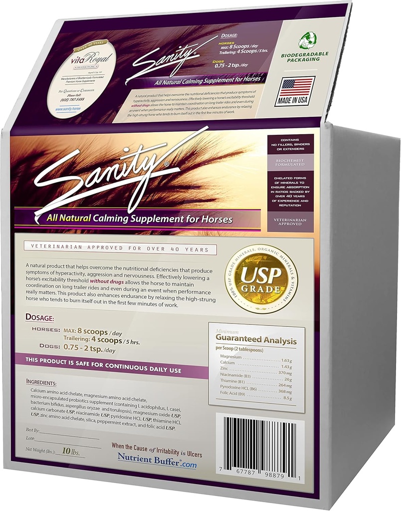 Sanity - Equine Behavioral Calming Focus Supplement for Horses - Magnez, Wapń, Cynk, Witaminy B, Aminokwasy, Probiotyki, Tiamina, Kwas foliowy, Niacyna, Peppermint & Więcej