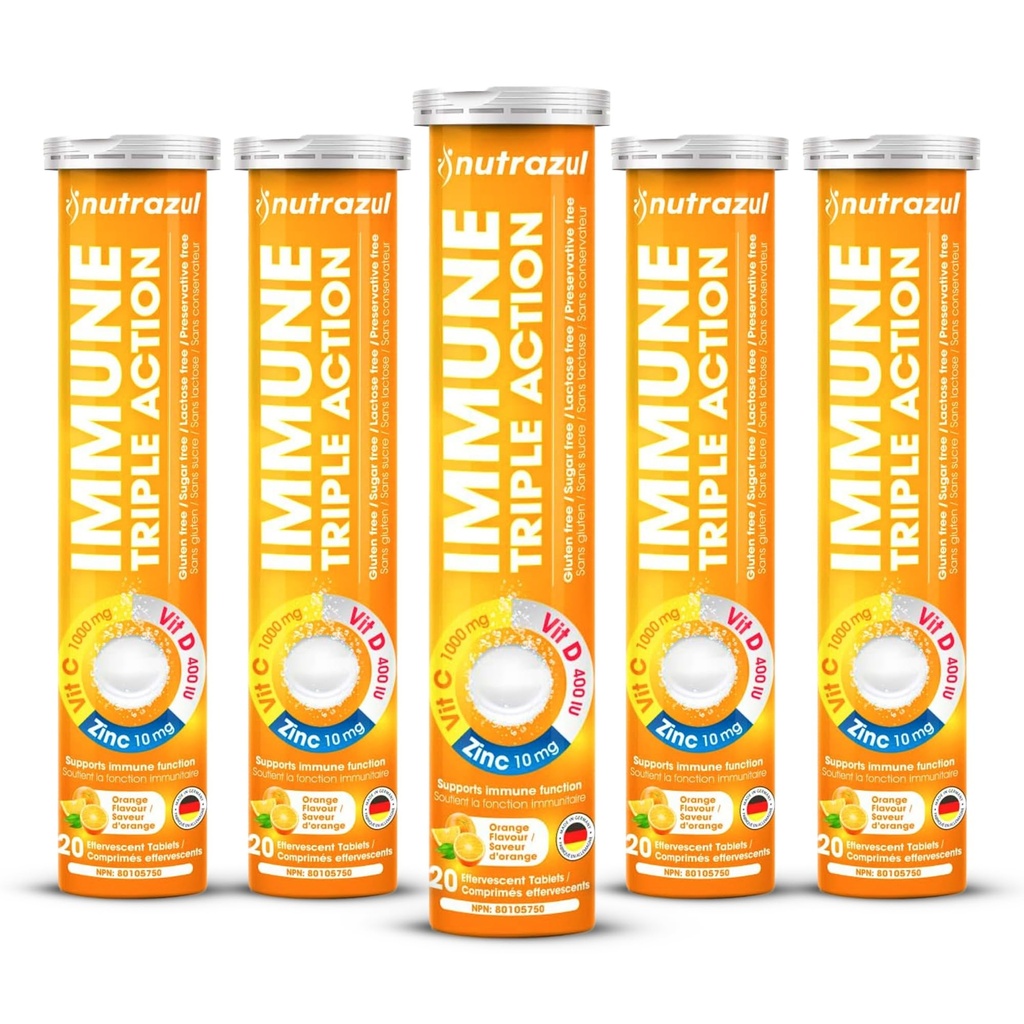 tabletki musujące z witaminą C 1000mg, witaminą D, cynkiem, nośnikiem dziennej rutyny, bez glutenu, bez cukru, bez mleczka, aromat pomarańczowy, 20 tabletek (opakowanie po 5x20)