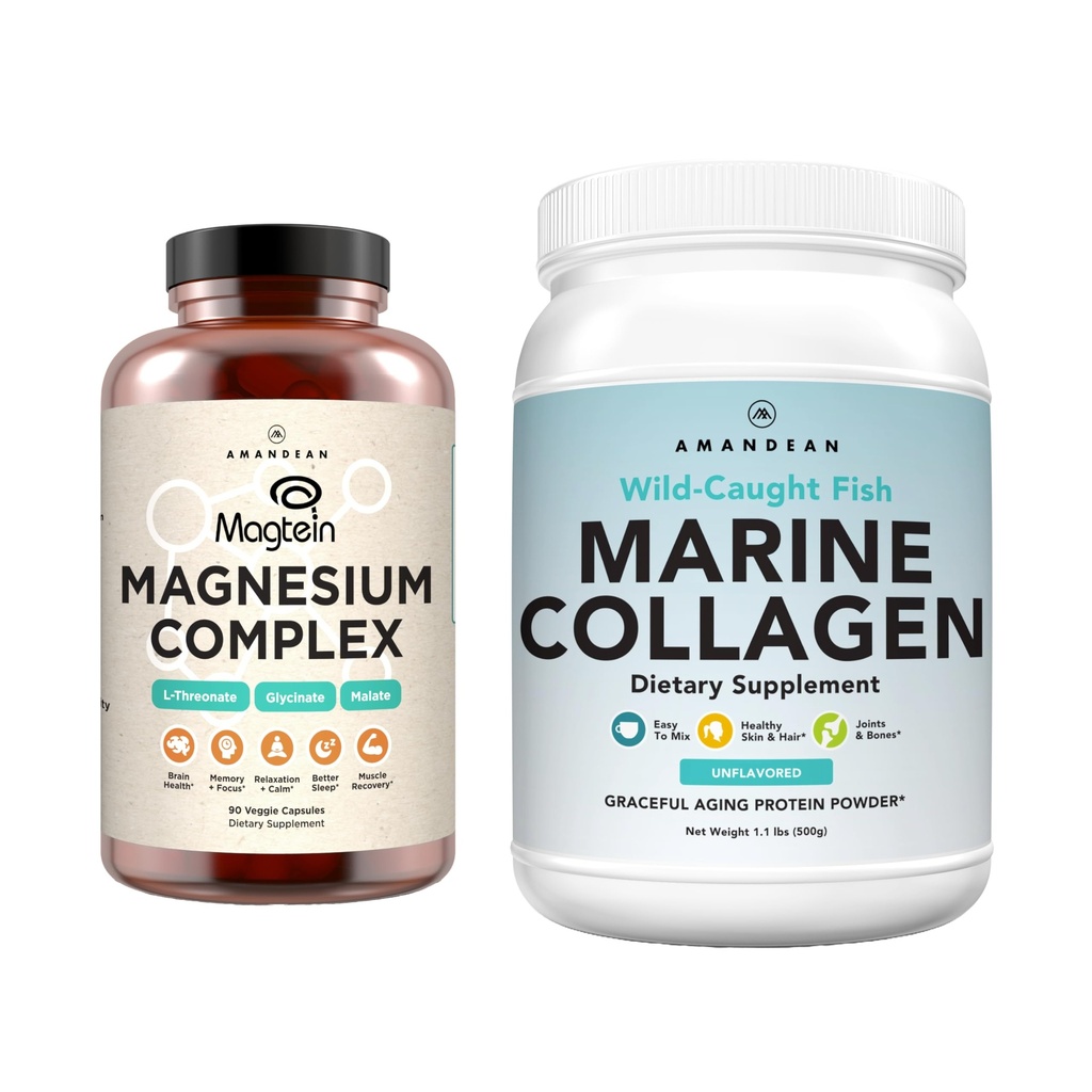 AMANDEAN Premium Magnezu Complex & Marine Collagen Bundle. Wysokoabsorpcyjny trójonian magnezu, glicynian i jabłczan. Zhydrolizowane białko kolagenu rybnego. Wsparcie jakości snu, skóry i nastroju