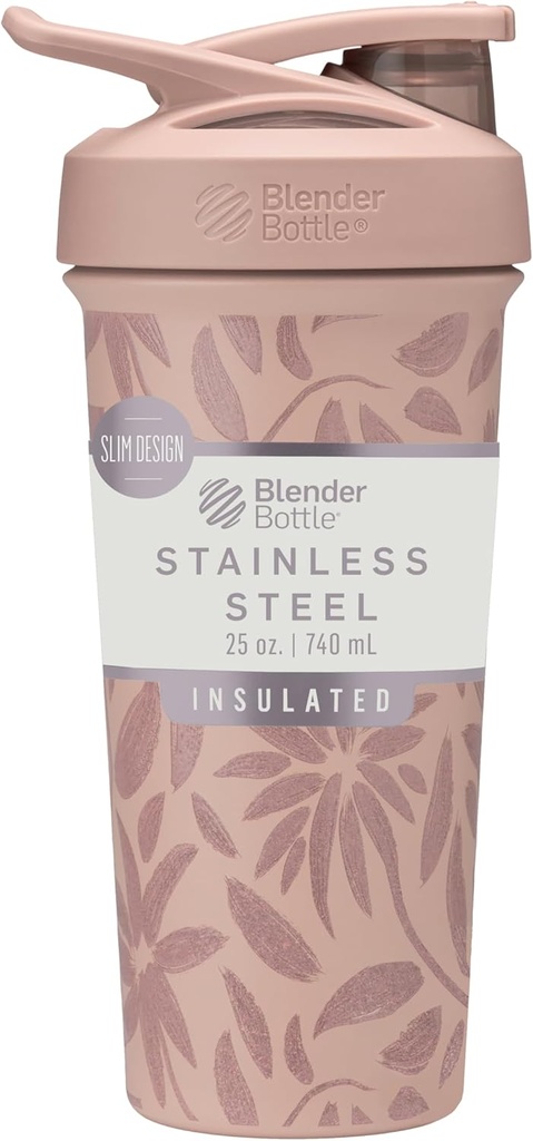 BlenderBottle Strada Flip Shaker Cup Izolowany Stal nierdzewna Butelka wodna z drutu whisky, 25- unce, brązowe kwiaty