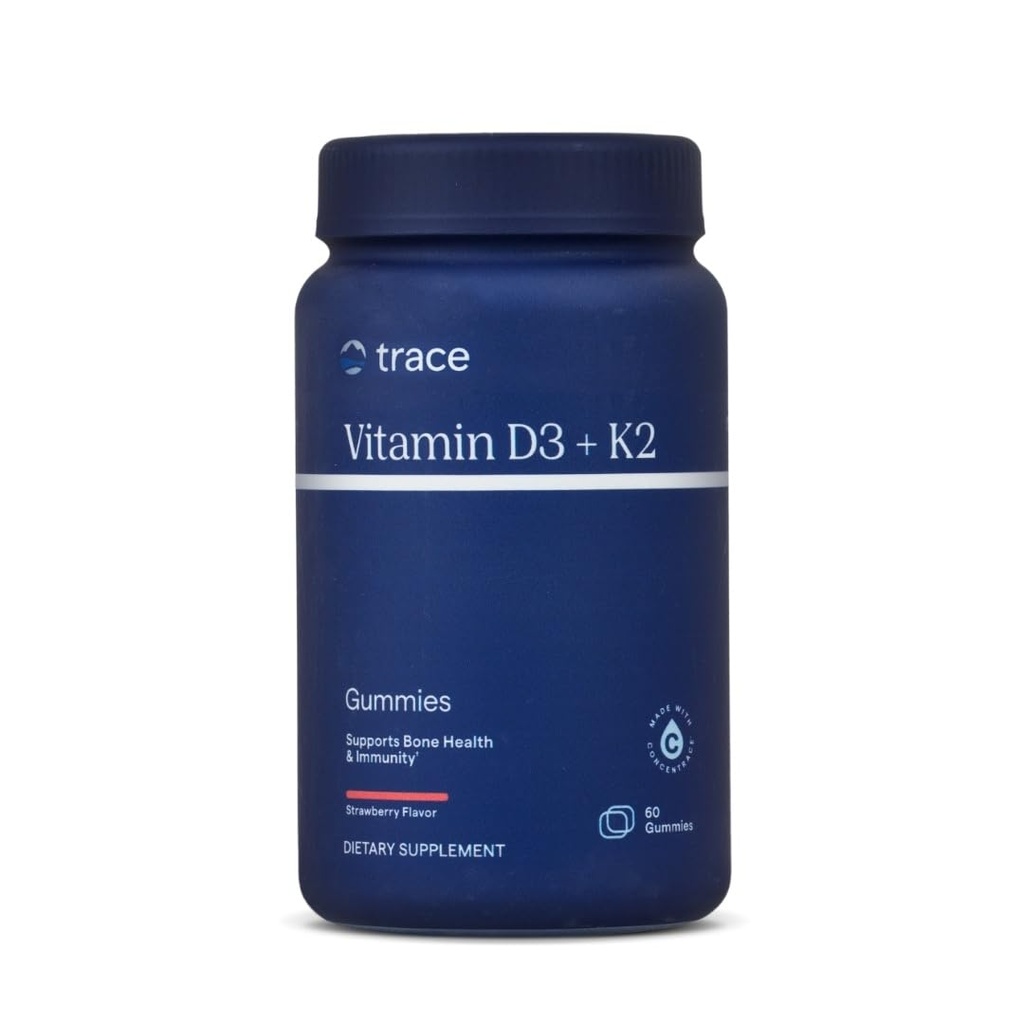 Ślad minerałów 124; Witamina D3 + K2 Gummies 124; 5000 IU D3 + 50 mcg K2 Bilans 124; Wegan, Cukier wolny, Gluten wolny, Naturalny Flavor truskawkowy 124; 60 Służenie