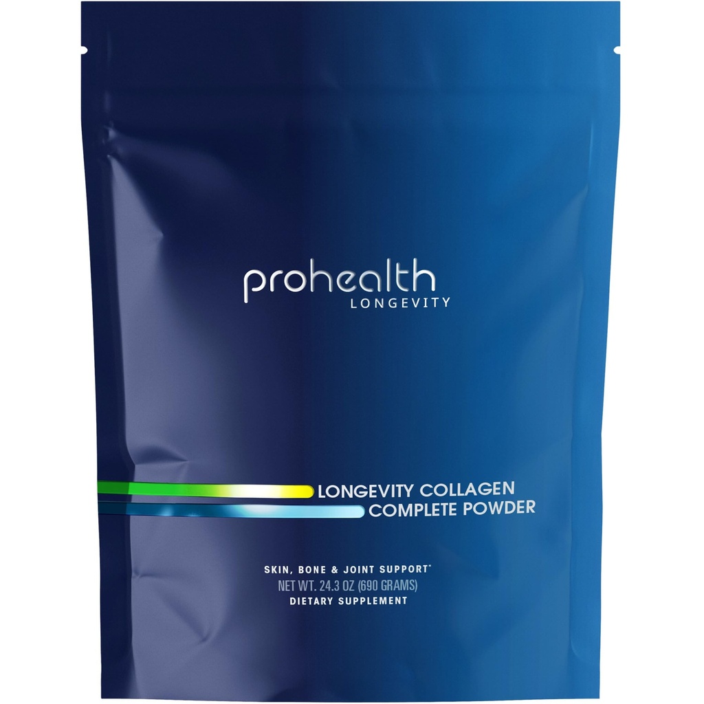 ProHealth Longevity Collagen Peptydes Powder - dla osób powyżej 40. 20g Multi Collagen. 2g Pro- Collagen. Kwas hialuronowy. Typ I, II, III, V, X dla łączników, Kości, Włosy, Skóra, Mięśnie, Gut - 30 Sługi