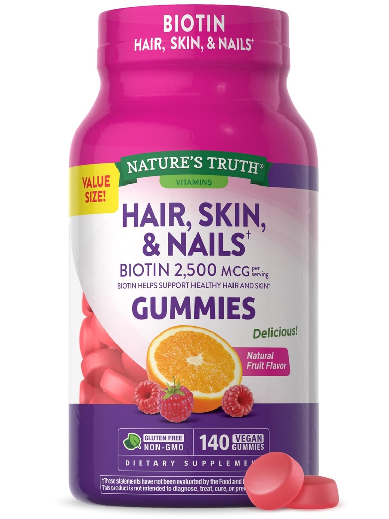 Nature 's Truth Hair, Skin, and Nails Gummies Xi124; with Biotin Xi124; 140 Count Xi124; Fruit Flavor Xi124; Vegan, Non-GMO i gluten Free Witamina dla mężczyzn i kobiet