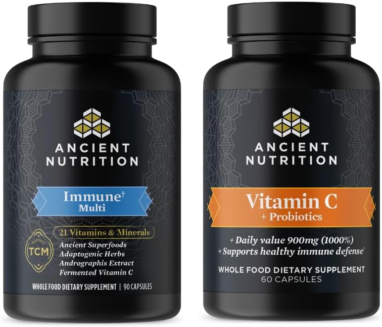 Ancient Nutrition Multi immunologiczne kapsułki, 90 Hrabia + Witamina C + Probiotyki kapsułki, 60 Hrabia