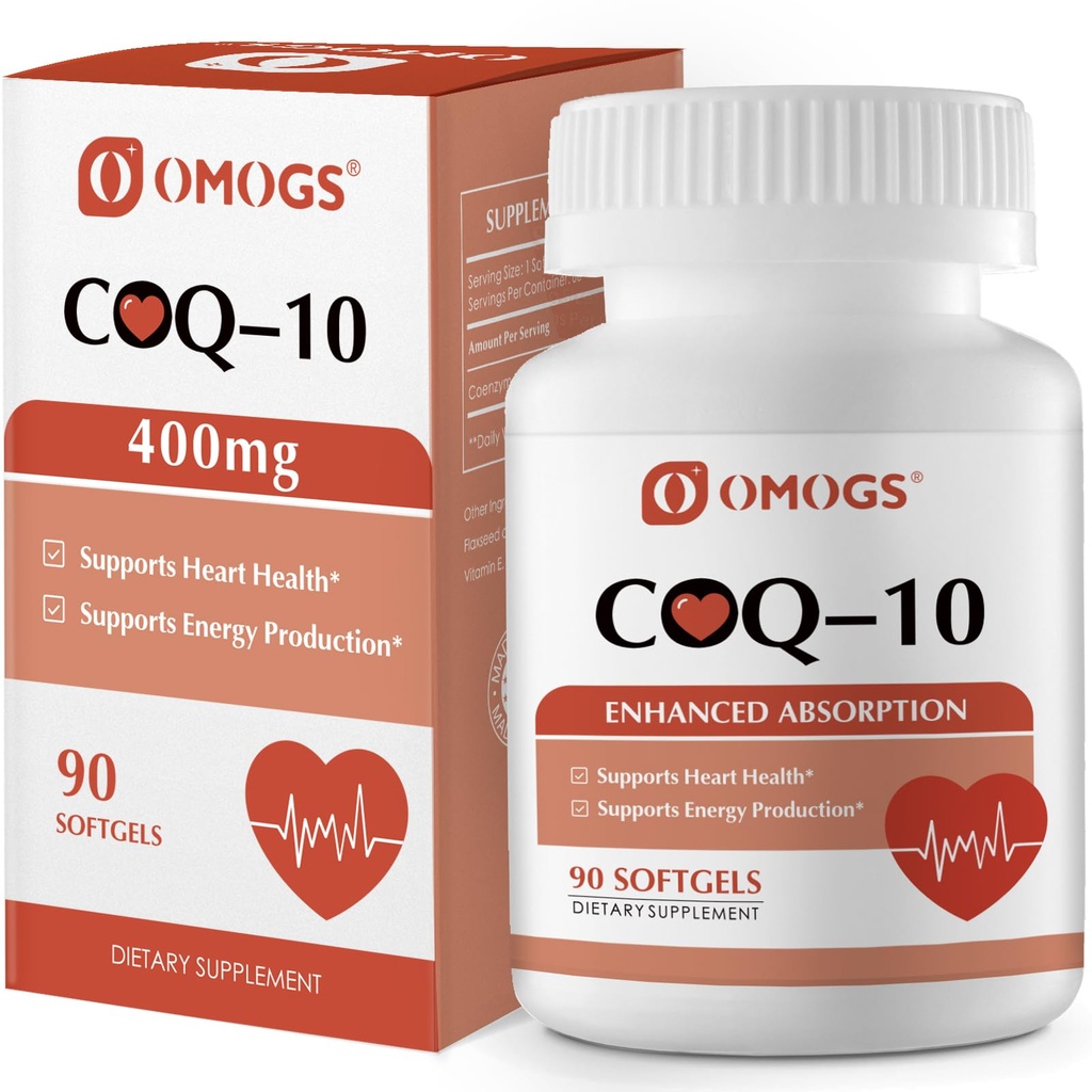 OMOGS CoQ10 400mg Softgels, Koenzym Q10 Wysoka Wchłanianie Support Heart Health, Kardioviral Health, Immune System & Cellular Energy Production, Gluten Free, 90 Softgels