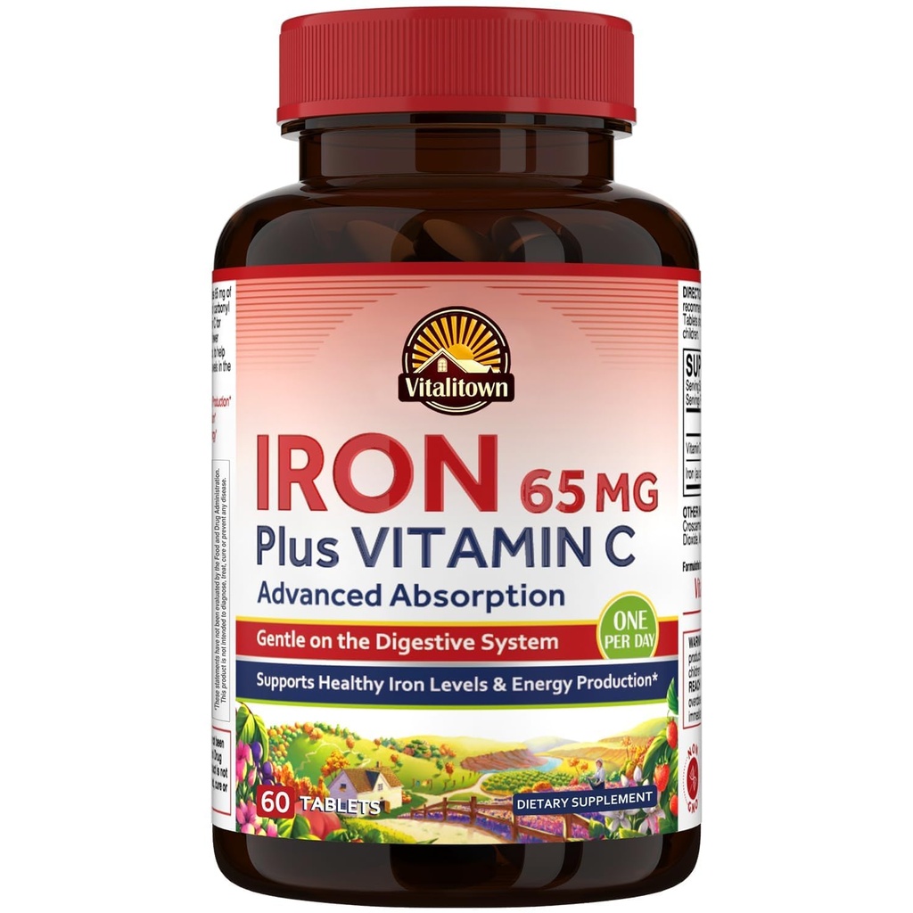 Vitalitown Żelazo suplement dla kobiet mężczyzn, Haign Potency 65mg Żelazo z witaminą C 250mg, Mniej zaparcia, Lepsze dla budowy krwi i poprawy energii, No gluten, Non-GMO 60 Vegan Iron Pills