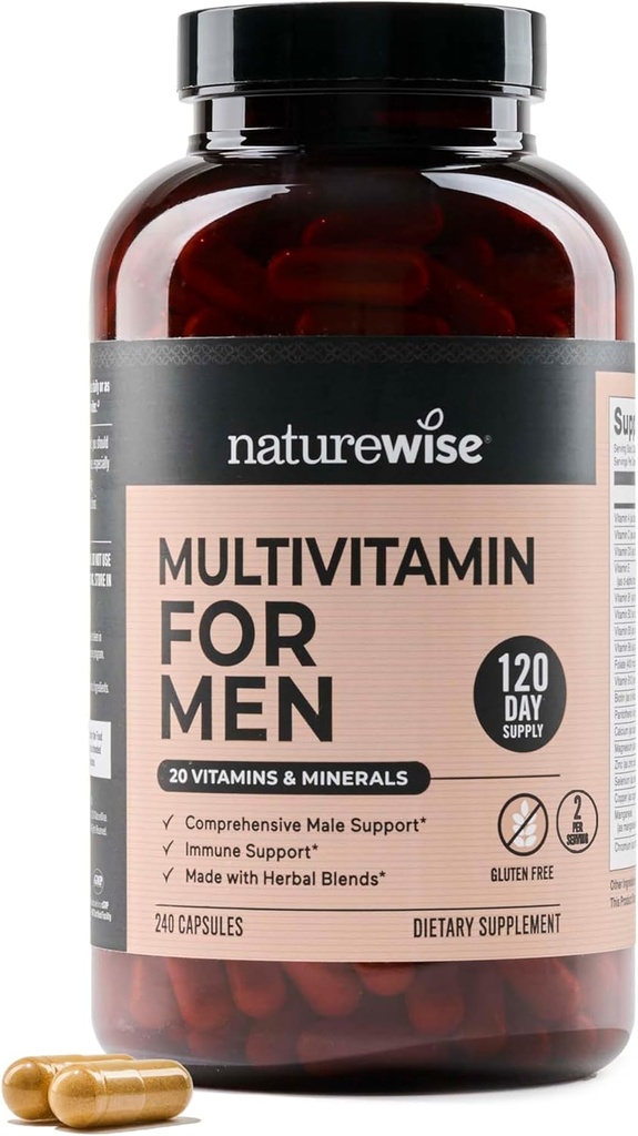 NatureWise Multivitamin dla mężczyzn - Daily Mężczyzna Support - Minerals & Herbs for Energy, Performance, Immunitet - z witaminą A, C, D, B- Complex - Soy & gluten- Free, Non-GMO - 240 Kapsułki [6- Miesiąc dostaw]