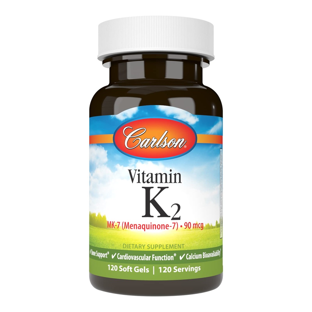 Carlson - Witamina K2 MK- 7 (Menaquinone), 90 µg, Podtrzymanie kości, Biodostępność wapnia, Witamina K2, Witamina K-2, 120 Softgels