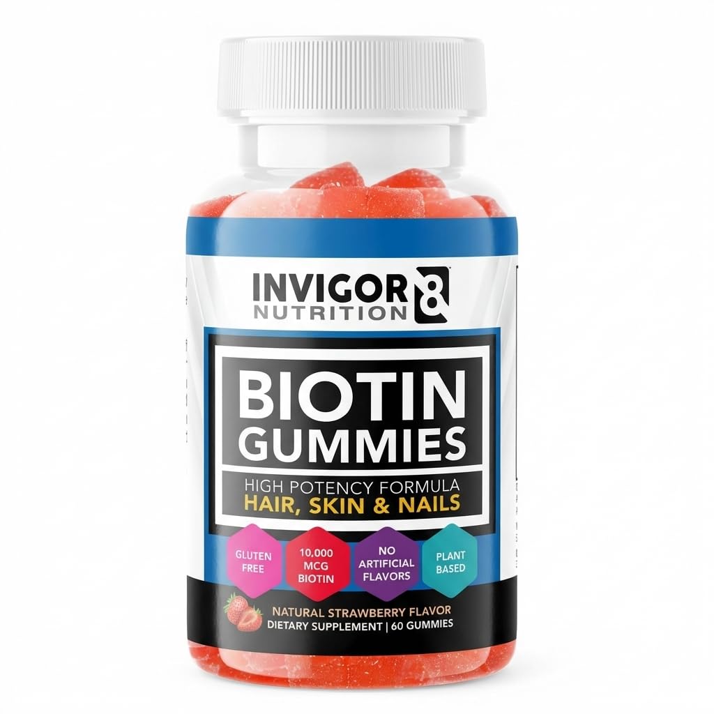 INVIGOR8 Gumiaki z biotin 10000mcg do 124; Naszyjniki ze skóry włosów Vitamin suplement do biotin dla kobiet mężczyzn i dzieci 5000mcg x2 do 124; Wegan Kosher Halal do 124; Strawberry Flavor do 124; 60