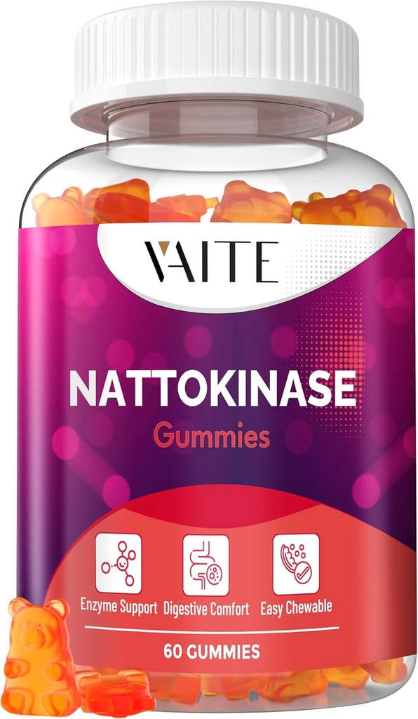 VAITE Nattokinase Supplement 2000 FU (Fibrinolytic Units) 100mg - Suplement enzymatyczny, Wegańska formuła, Wspiera zdrowie, Podwójna siła, Non-GMO, Soy Free, Gluten Free, 60 Gummies wegetariańskie