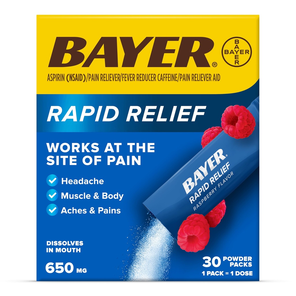 Bayer Rapid Relief Powder Packs z aspiryną i kofeiną, Rozpuszczalny szybko działający ból Ulgi dla bólu głowy, mięśni i ciała ból, aromat malinowy (Opakowanie może się różnić), Opakowanie 3 x 10