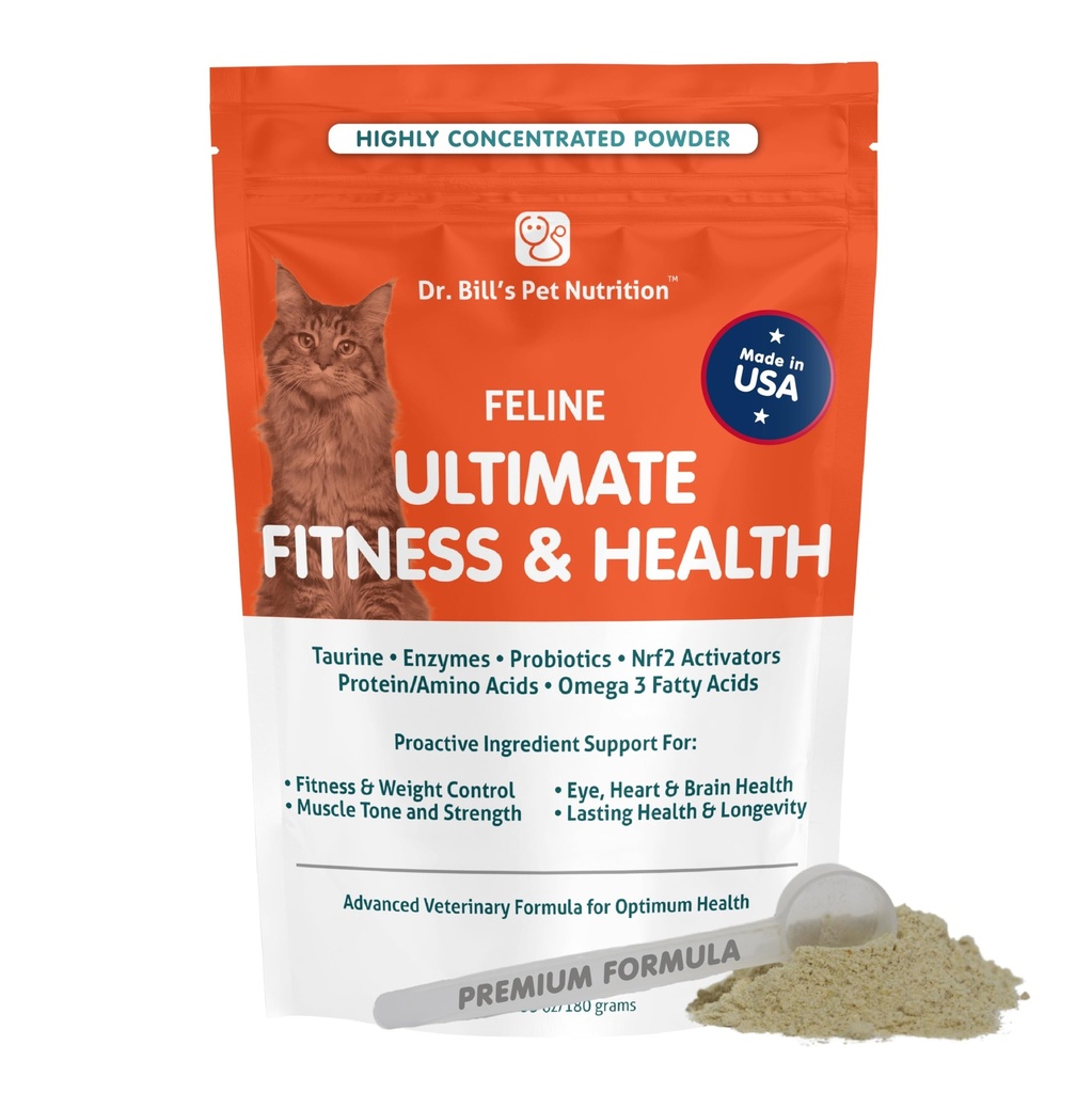 Dr Bill 's Feline Ultimate Fitness & Health Agregates 124; Cat Multivitamin Powder - Codzienne uzupełnienie Agregat 124; Kontrola masy ciała, Joint, Mózg, Serce i Wsparcie immunologiczne 124; Omega 3, Kolagen, Witaminy B, Tauryna, Amino Acids