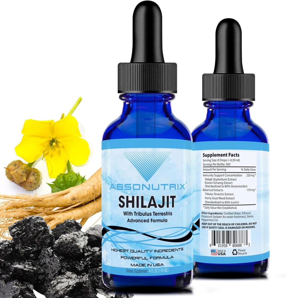 Absonutrix Shilajit z Tribulus Terrestris 390 mg, 4 Oz Liquid, 300 Servings, Made in USA, Szybka absorpcja, Jakość składników mocnych, Non-GMO, GMP Certified Facility, Cruelty- Free Products