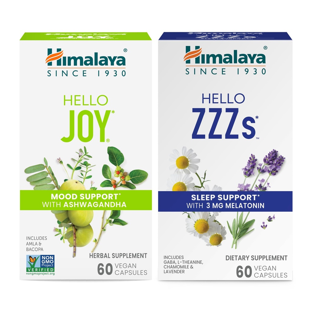 Himalaya Hello Joy z Ashwagandha dla poprawy nastroju i duchów & Hello ZZZ z Melatonin dla wsparcia snu, 60 Kapsułki Każdy - Bundle