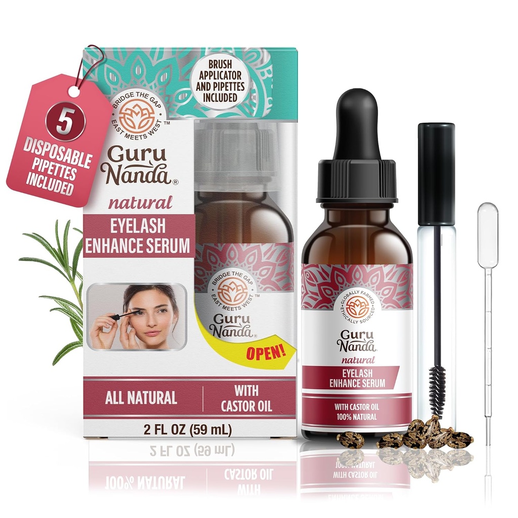 GuruNanda Natural Castor Oil Eyelash Enhance Serum z olejkiem rozmarynu - Prosznik do pędzla i 5 Pipet, Pomaga naturalny wzrost włosów dla brwi i brody, 2 Fl Oz