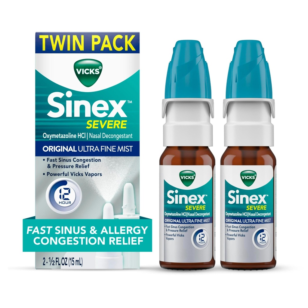 Vicks Sinex SEVERE Alergia & Sinus Nasal Spray, Original Ultra Fine Mist, Decongestant Medicine, Ulga od zatorów nosowych z powodu zimna lub alergii, Sinus Pressure Relief, 265 Sprays x 2
