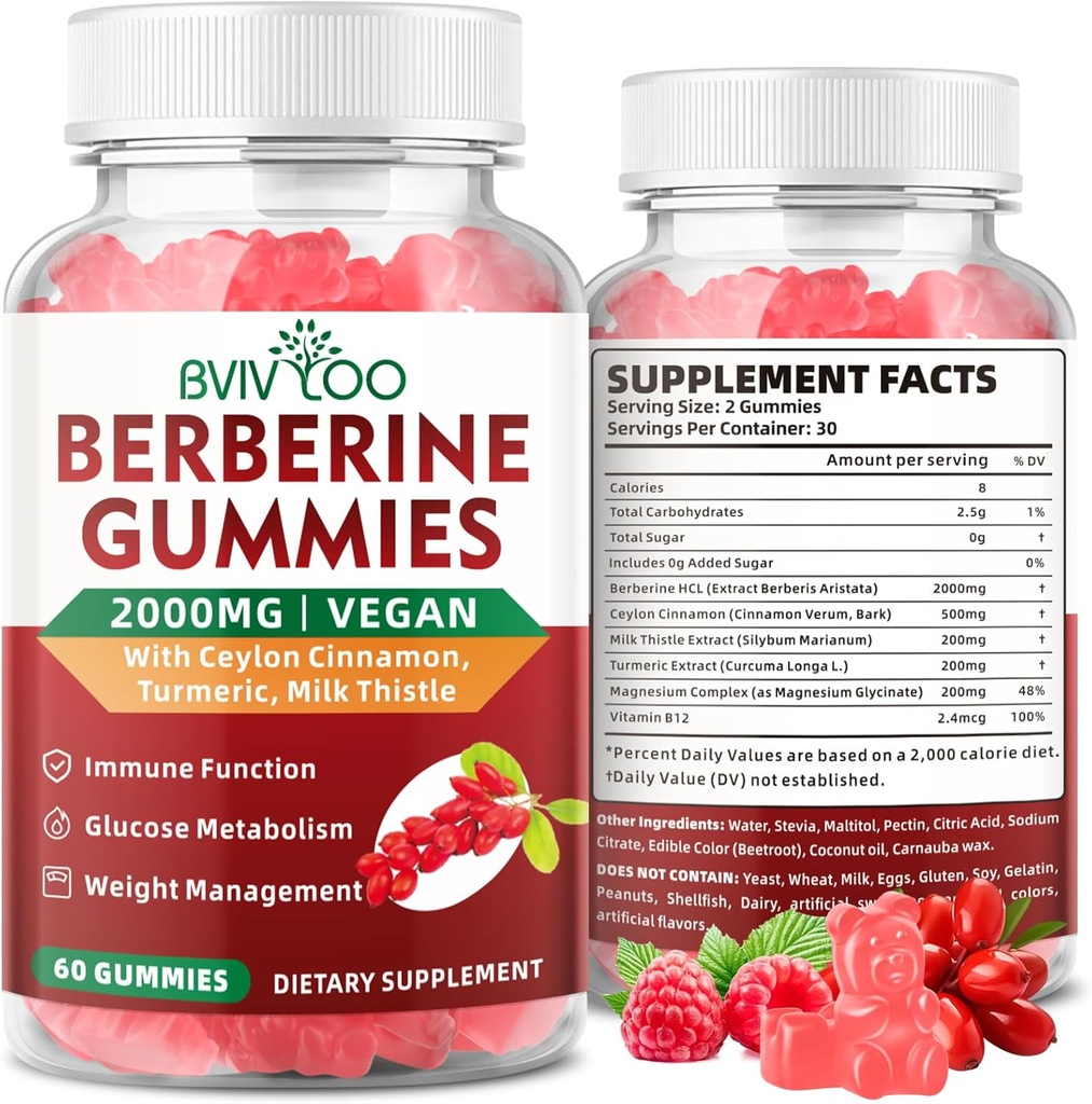 Premia Berberine Gummies, 2000mg High Potency Berberine HCI Supplement, Plus Ceylon Cynamon, Otyłek mleczny dla kobiet i mężczyzn, System immunologiczny i wsparcie metabolizmu - 60 Gummies