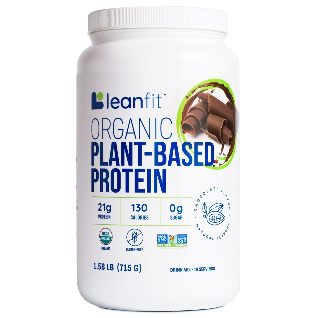 LeanFit Organic Plant w proszku protein na bazie LeanFit, Natural Chocolate Flavor - Wegan, USDA Organic Certified, Soy- Free, Gluten- Free, Dairy- Free, Sugar- Free, Non-GMO - 21g Protein, 18 Służenia, 1.58 Tub doniczkowy