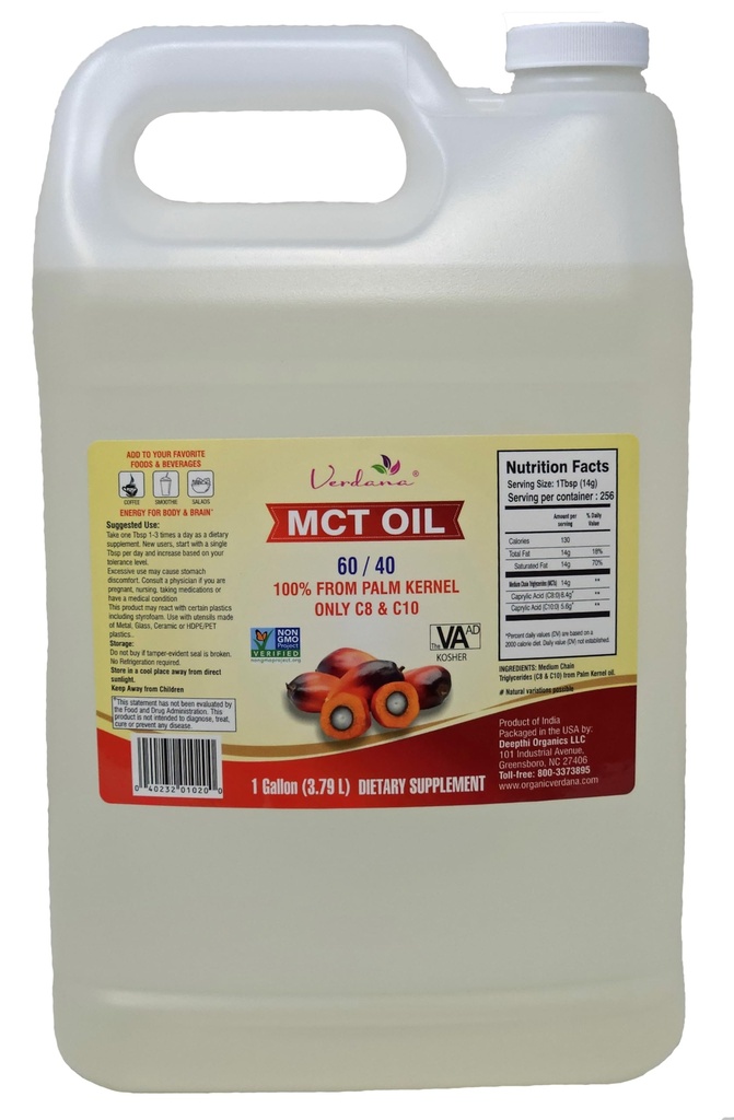 Verdana Food Grade MCT Oil - 1 Gallon (128 Fl Oz) - Premium C8 / C10 Triglicerydy - Keto & Paleo Friendly - Nie-GMO, Kosher - Zaufane marki dla energii, Żywienie sportowe, Aromaterapia i masaż