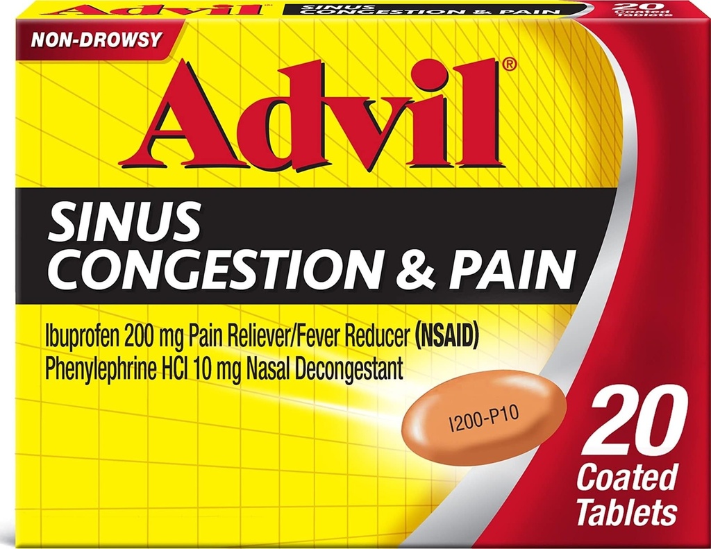 Advil Zatory zatokowe i ból, Medycyna reliefowa zatok, Reliever bólu i Fever Reducer z Ibuprofen i Fenylephrine HCl - 20 Tabletki powlekane