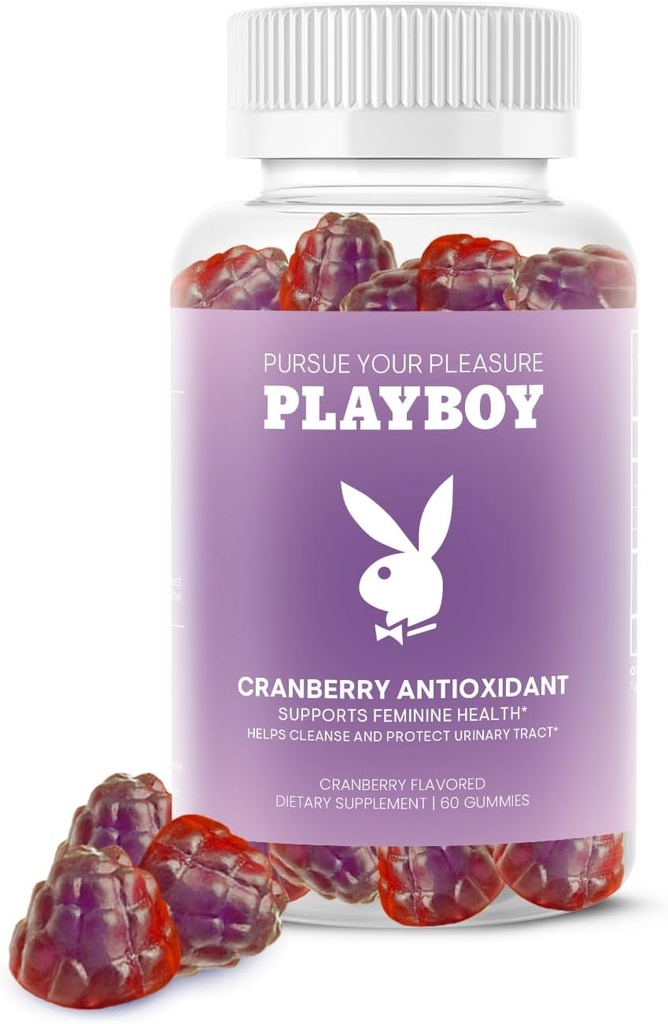 Playboy - Kobiecy Zdrowie Żurawinowe przeciwutleniające gumki dla kobiet (60 Hrabia - Żurawinka) Przeciwutleniacz bogaty do czyszczenia i ochrony dróg moczowych Zdrowie, Waginalny zapach i Ph Równowaga - Nie GMO, Wegan Gummy