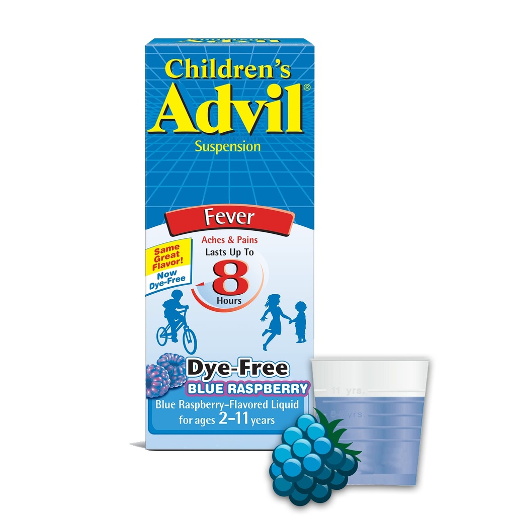 Zawiesina Advil dla dzieci (4 fl. oz, Blue Raspberry- Flavored), 100 mg Ibuprofen Fever Reducer / Reliever Pain, Liquid Pain Medicine, Wiek 2 - 11
