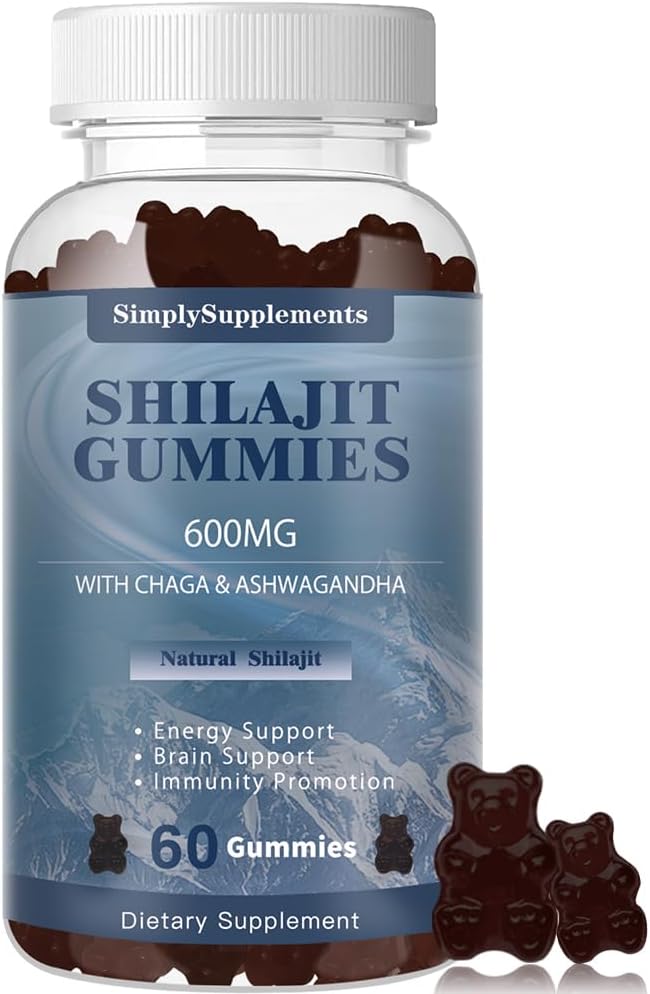 Shilajit Gummies z Ashwagandha i Chaga dla mężczyzn i kobiet - Shilajit Suplement z Minerałów śladowych i kwasu Fulvic dla energii i wsparcia odporności, 60 Gummies