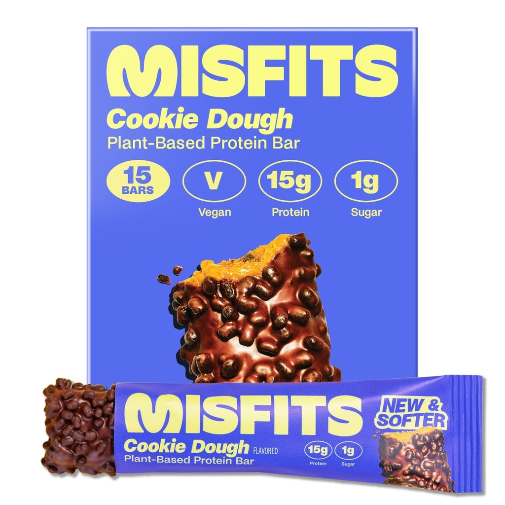 Misfits Wegan Protein Bars, Cookie Dough - Aktualizacja przepisu 124; Roślina oparta, niski cukier & Carb, wysokiej fiber przekąski 124; Opakowanie 15