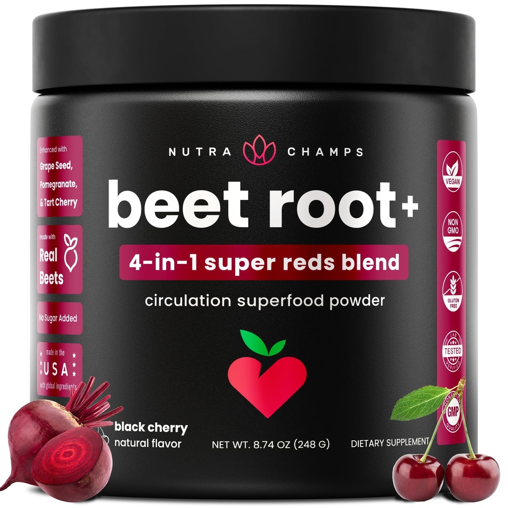 NutraChamps Beet Burak w proszku suplement cyrkulacyjny, Superfood w proszku tlenek azotu z sokiem buraczanym, Super Red & Grape Seed Extract, No Sugar Beet Supplement - 8.74 Oz