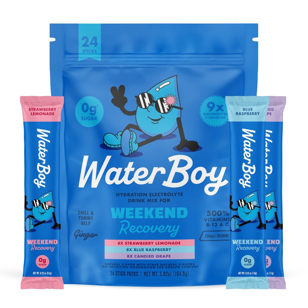 Waterboy Weekend Recovery Variety 124; 3,200mg Electrolyte Pakiety proszkowe 124; Ginger + L- Theanine + Vitaminy 124; No Sugar, All Natural, Gluten Free 124; 24 Drink Stick Mixes (Variety Pack)