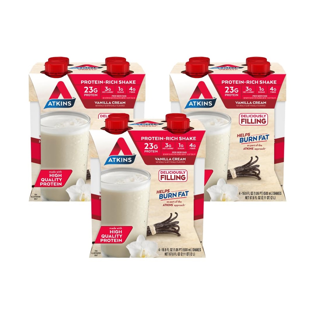 Atkins Vanilla śmietanka Mączka Rozmiar białka Shake, 23 g białka, Niska glikemia, 3g Carb, 1 g cukru, Keto friendly