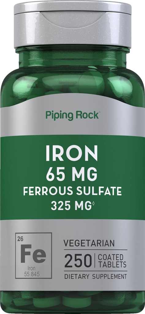 Piping Rock Iron Ferrous Sulfate 65 mg | 250 Tablets | Iron Supplement | High Potency Formula | Vegetarian, Non-GMO, Gluten Free