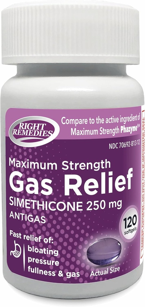 Relief gazu Maksymalna wytrzymałość, Simeticone 250 mg, (120 Softgels), Szybka ulga od gazu, wzdęcia, Pełna, Bolesny dyskomfort, Porównaj do maksymalnej siły Aktywny składnik Phazyme
