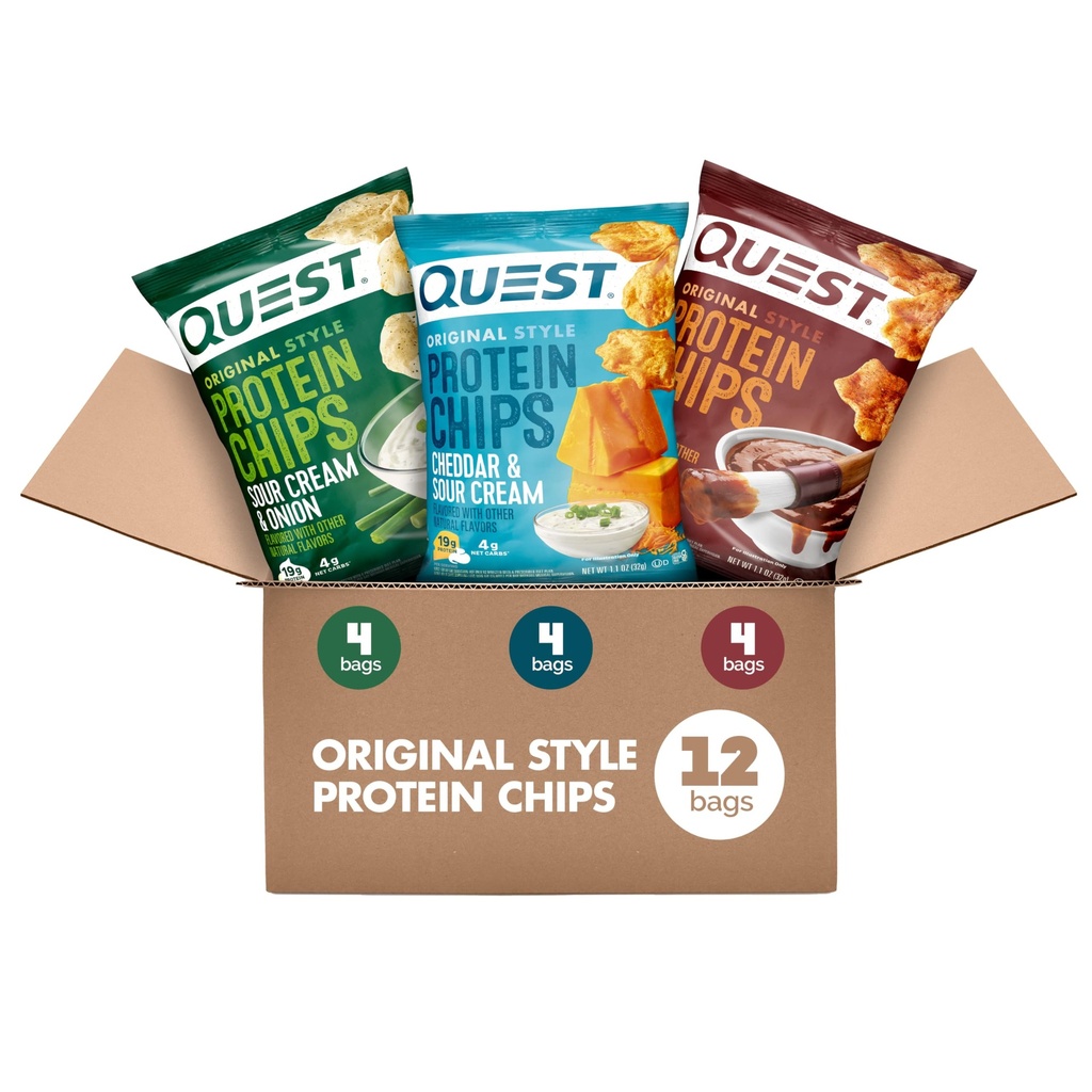Quest Nutrition Protein Chips Variety Pack, BBQ, Cheddar & Sour Cream, Sour Cream & Cebula, wysoki poziom białka, niskie węglowodany, 1,1 oz (Opakowanie 12)