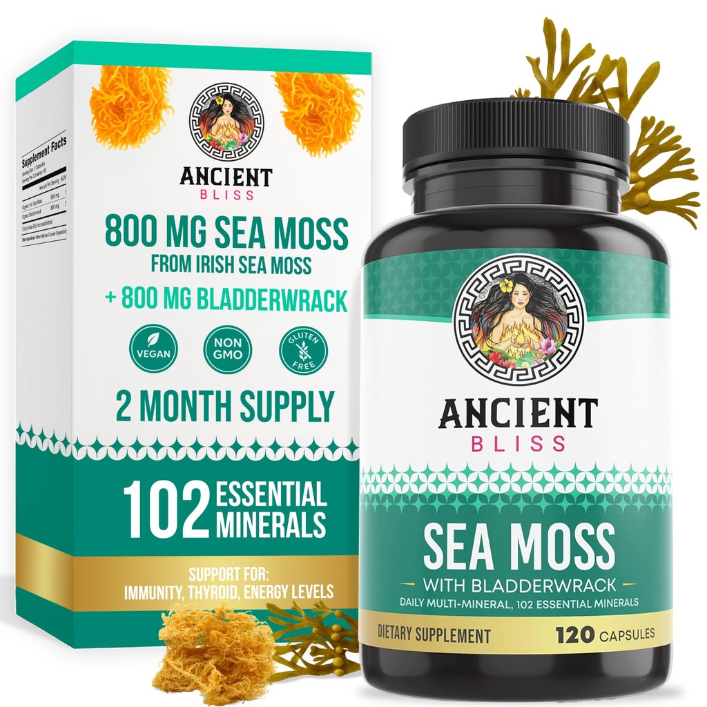 Ancient Bliss Organic Irish Sea Moss Pills - Dr Sebi Wildcrafted Seamoss Kapsułki 124; Tyroid, Zdrowa skóra i Gut Wsparcie 124; 120 Kapsułki